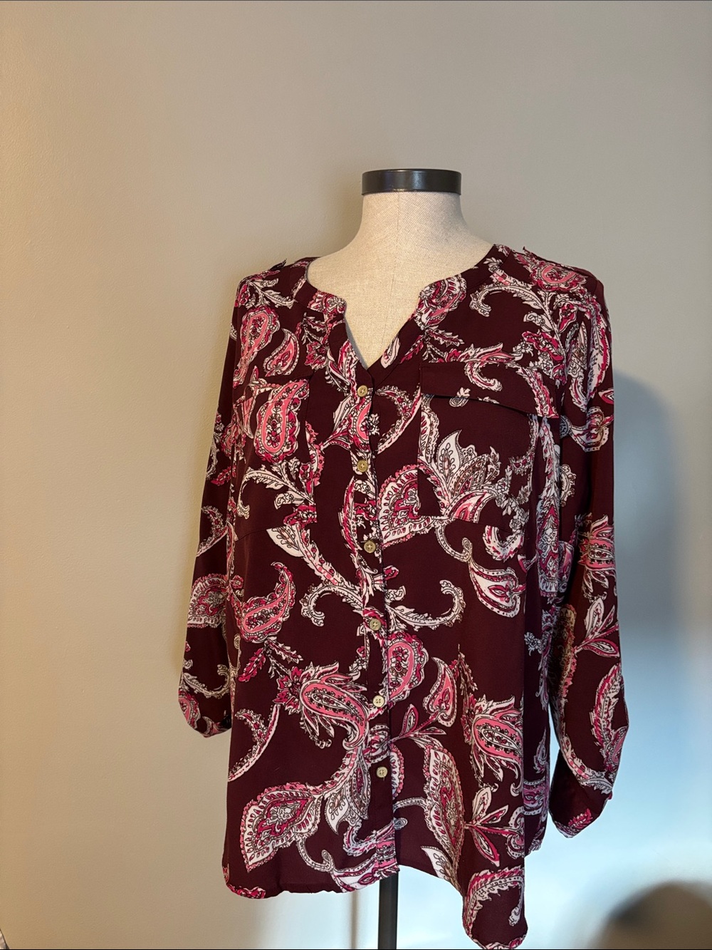 croft & barrow Burgundy Paisley Button-Front Blouse convert to quarter length